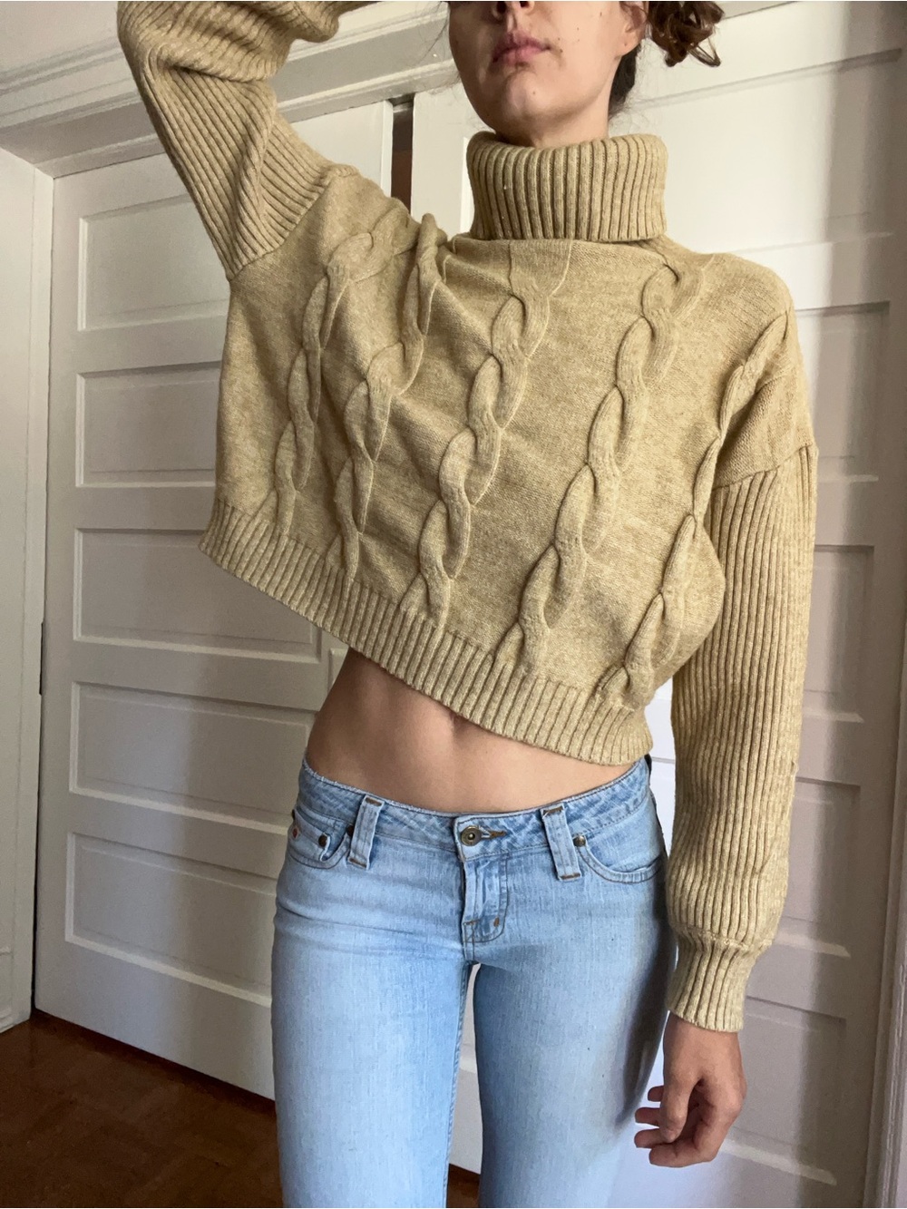 Womens Cropped Cable Knit Turtleneck Sweater in Camel